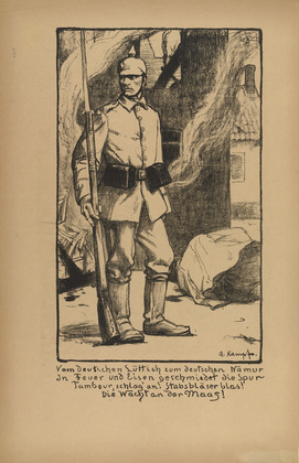 Arthur Kampf. The Watchman on the Mause (Die Wacht an der Maas) (plate, p. 2) from the periodical Kriegszeit. K&uuml;nstlerflugbl&auml;tter, vol. 1, no. 1 (31 Aug 1914). 1914