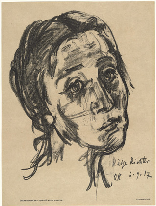 Oskar Kokoschka. K&auml;the Richter (Head, Slightly Tilted Back) [K&auml;the Richter (Kopf, leicht zur&uuml;ckgeneigt)] (plate, preceding p. 289) from the periodical Das Kunstblatt, vol. 1, no. 10 (Oct 1917). 1917