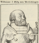 Leopold von Kalckreuth. Portrait I: G&ouml;tz von Berlichingen (Bildnisse I: G&ouml;tz von Berlichingen) (plate, folio 2 verso) from the periodical Der Bildermann, vol. 1, no. 1 (April 1916). 1916
