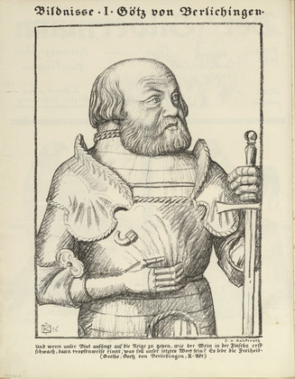 Leopold von Kalckreuth. Portrait I: G&ouml;tz von Berlichingen (Bildnisse I: G&ouml;tz von Berlichingen) (plate, folio 2 verso) from the periodical Der Bildermann, vol. 1, no. 1 (April 1916). 1916