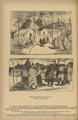 Rudolf Grossmann. Hospital Barracks in Berlin (Berliner Baracken-Lazarett) (in-text plate, p. 52) from the periodical Kriegszeit. K&uuml;nstlerflugbl&auml;tter, vol. 1, no. 13 (18 Nov 1914). 1914