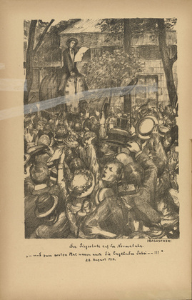 Hans Baluschek. Messenger of Victory on the Public Clock (Der Siegesbote auf der Normaluhr) (plate, p. 6) from the periodical Kriegszeit. K&uuml;nstlerflugbl&auml;tter, vol. 1, no. 2 (7 Sept 1914). 1914