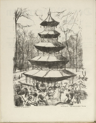 Rudolf Grossmann. Munich, Chinese Tower (M&uuml;nchen, Chinesischer Turm) (plate, folio 14 verso) from the periodical Der Bildermann, vol. 1, no. 7 (Jul 1916). 1916