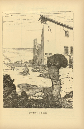 August Gaul. Bullet-Riddled Farmstead (Zerschossenes Geh&ouml;ft) (plate, p. 93) from the periodical Kriegszeit. K&uuml;nstlerflugbl&auml;tter, vol. 1, no. 23 (20 Jan 1915). 1915