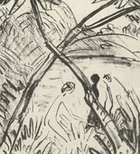 Otto Mueller. Three Figures and Crossed Tree Trunks (Drei Figuren und gekreuzte St&auml;mme) (plate, folio 19) from the periodical Der Bildermann, vol. 1, no. 9 (Aug 1916). 1916