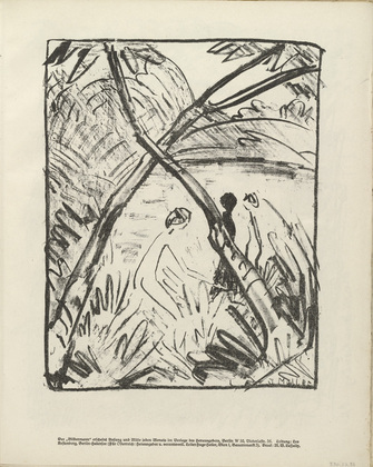 Otto Mueller. Three Figures and Crossed Tree Trunks (Drei Figuren und gekreuzte St&auml;mme) (plate, folio 19) from the periodical Der Bildermann, vol. 1, no. 9 (Aug 1916). 1916