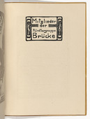 Ernst Ludwig Kirchner. Members of the Br&uuml;cke Artists' Group (Titelvignette) [Mitglieder der K&uuml;nstlergruppe Br&uuml;cke (title vignette)] (plate, folio 16 verso) from KG Br&uuml;cke. 1910 (print executed 1907)