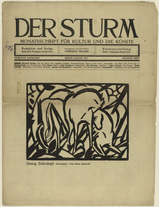 Georg Schrimpf. Three Horses (Drei Pferde) (in-text plate, title page) from the periodical Der Sturm. Wochenschrift f&uuml;r Kultur und K&uuml;nste, vol. 7, no. 10 (Jan 1917). 1917