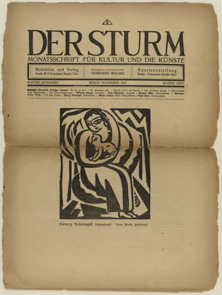 Georg Schrimpf. Girl with Cat (M&auml;dchen mit Katze) (in-text plate, title page) from the periodical Der Sturm. Wochenschrift f&uuml;r Kultur und K&uuml;nste, vol. 8, no. 8 (Nov 1917). 1917