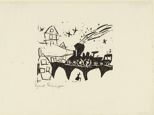 Lyonel Feininger. Locomotive on the Bridge (Zug auf der Br&uuml;cke) from Ten Woodcuts by Lyonel Feininger. (1918, published 1941)