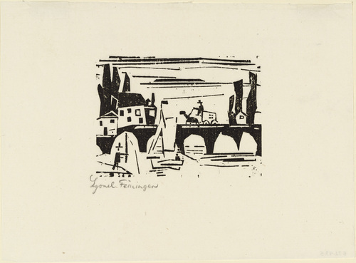 Lyonel Feininger. Wagon Crossing a Bridge (Wagen auf einer Br&uuml;cke) fromTen Woodcuts by Lyonel Feininger. (1918, published 1941)