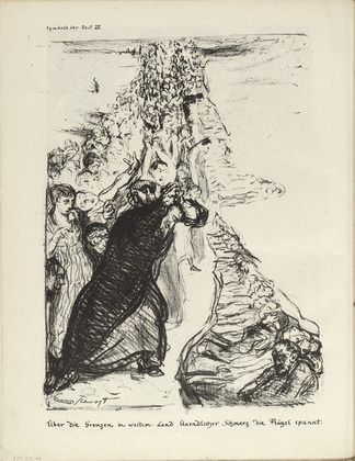 Max Slevogt. Signs of the Times VII (Symbole der Zeit VII: &Uuml;ber die Grenzen in weiten Land Unendlicher Schmerz die Fl&uuml;gel spannt.) (plate, folio 23) from the periodical Der Bildermann, vol. 1, no. 11 (Sep 1916). 1916