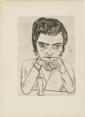 Max Beckmann. Portrait of Naila Leaning on her Arms, with Glass (Bildnis Naila mit aufgest&uuml;tzten Armen und Glas) from the illustrated book Max Beckmann. (1923, published 1924)