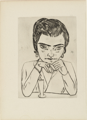 Max Beckmann. Portrait of Naila Leaning on her Arms, with Glass (Bildnis Naila mit aufgest&uuml;tzten Armen und Glas) from the illustrated book Max Beckmann. (1923, published 1924)