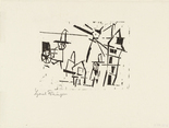 Lyonel Feininger. Men, Houses, Lantern, and Pushcart (M&auml;nner, H&auml;user, Laterne und Schiebkarren) from Ten Woodcuts by Lyonel Feininger. (1918, published 1941)