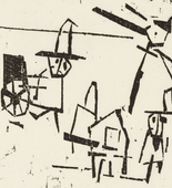 Lyonel Feininger. Men, Houses, Lantern, and Pushcart (M&auml;nner, H&auml;user, Laterne und Schiebkarren) from Ten Woodcuts by Lyonel Feininger. (1918, published 1941)