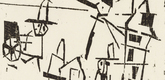 Lyonel Feininger. Men, Houses, Lantern, and Pushcart (M&auml;nner, H&auml;user, Laterne und Schiebkarren) from Ten Woodcuts by Lyonel Feininger. (1918, published 1941)