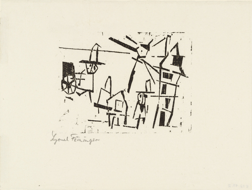 Lyonel Feininger. Men, Houses, Lantern, and Pushcart (M&auml;nner, H&auml;user, Laterne und Schiebkarren) from Ten Woodcuts by Lyonel Feininger. (1918, published 1941)