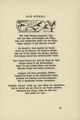 Ernst Ludwig Kirchner. The Birds (Die V&ouml;gel) (headpiece, page 45) from Umbra vitae (Shadow of Life). 1924