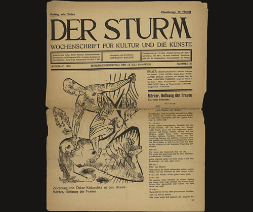 Drawing for <i>M&ouml;rder, Hoffnung der Frauen</i> (in-text plate, title page) from the periodical <i>Der Sturm. Wochenschrift f&uuml;r Kultur und K&uuml;nste</i>, vol. 1, no. 20 (July 14, 1910)