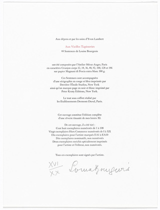 Louise Bourgeois. Aux Vieilles Tapisseries: 44 Sentences de Louise Bourgeois. 2005